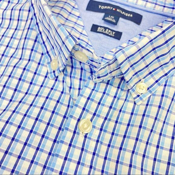 Tommy Hilfiger 80’s 2Ply Plaid Button Front Shirt Blue & White L - Picture 2 of 8